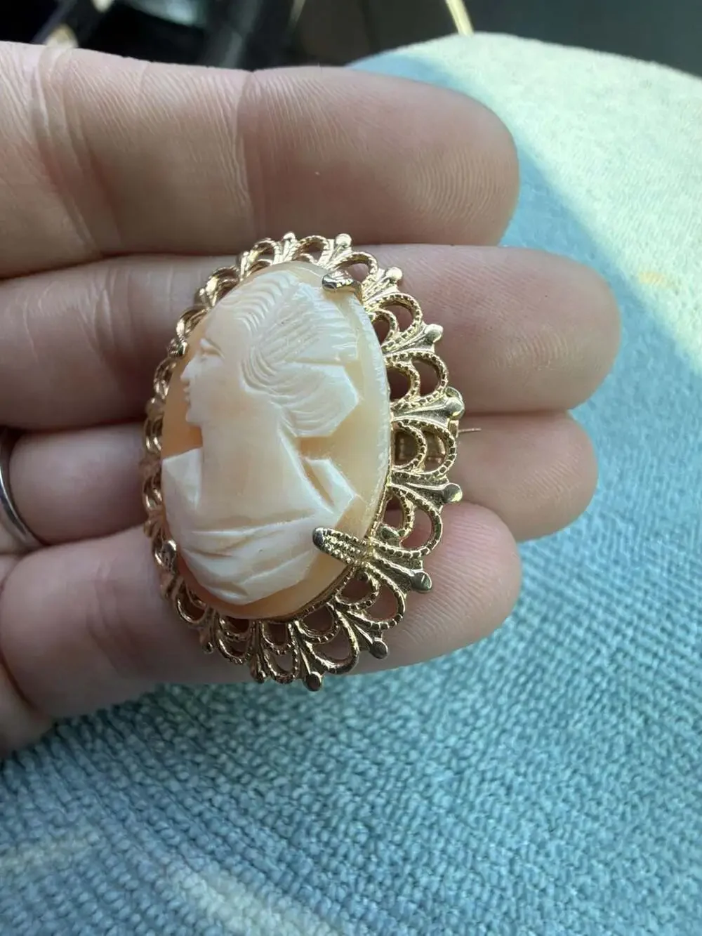 Vintage Left-Facing Carved Shell Cameo Brooch in Gold-Tone Filigree Setting